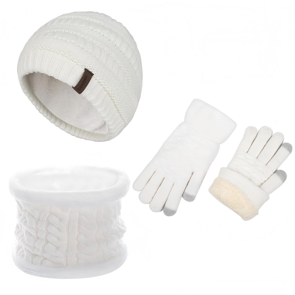 7793 Beanie Hat Gloves and Scarf Set Winter Warm Knit Cap Thick Fleece